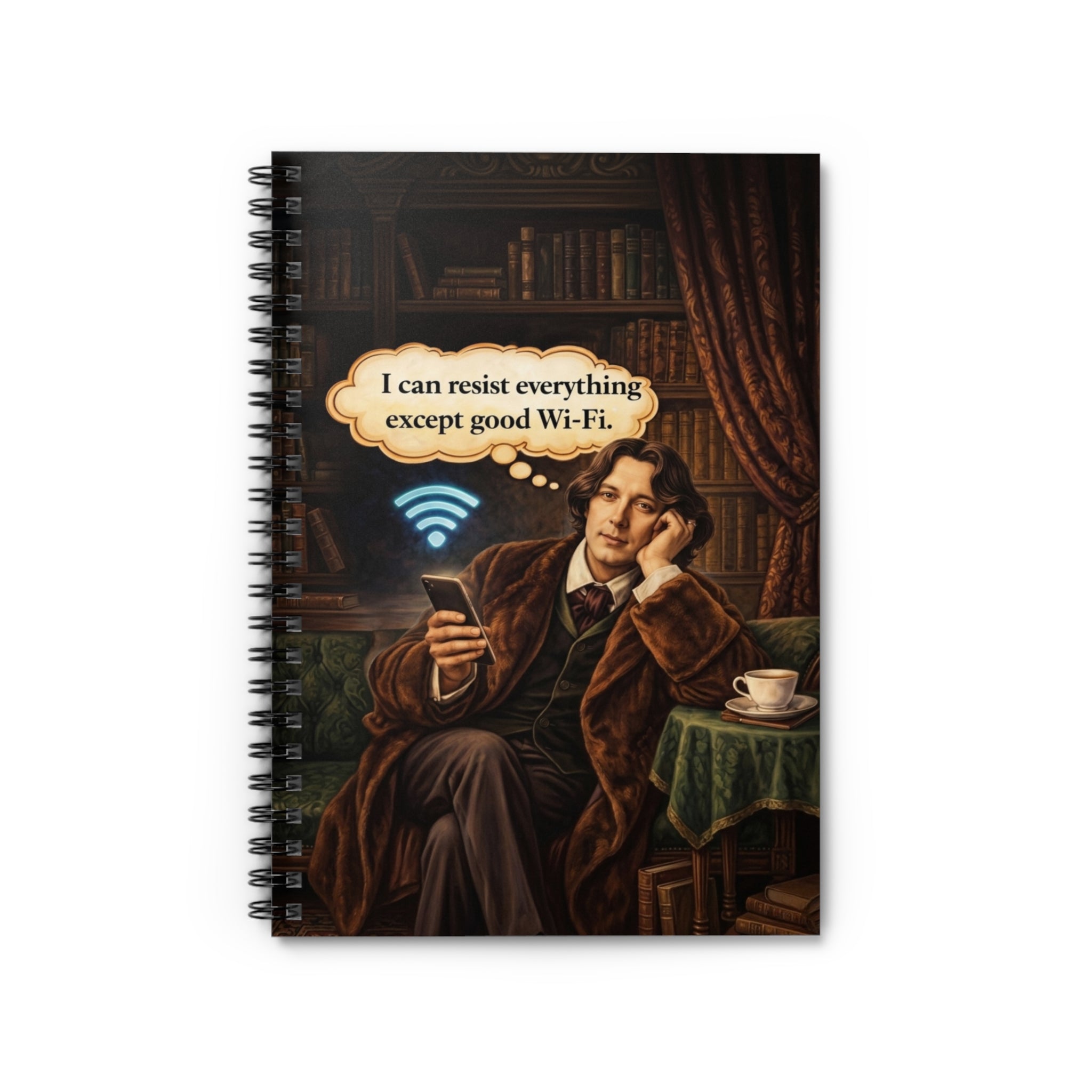 Oscar Wilde Vintage Wit Spiral Notebook — “I Can Resist Everything Except Good Wi‑Fi” Ruled Journal