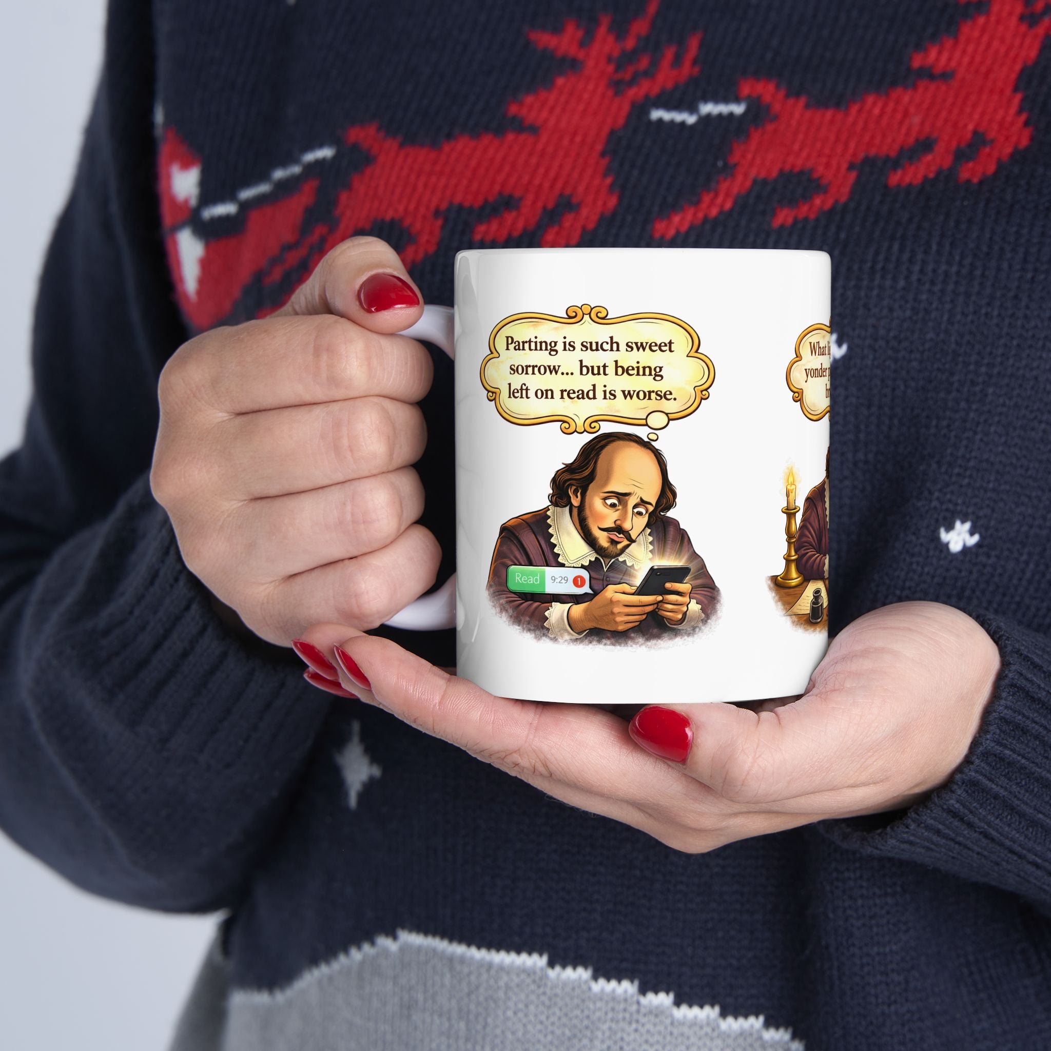 Funny Shakespeare Mug — “Parting is such sweet sorrow… but being left on read is worse” Ceramic Coffee Cup