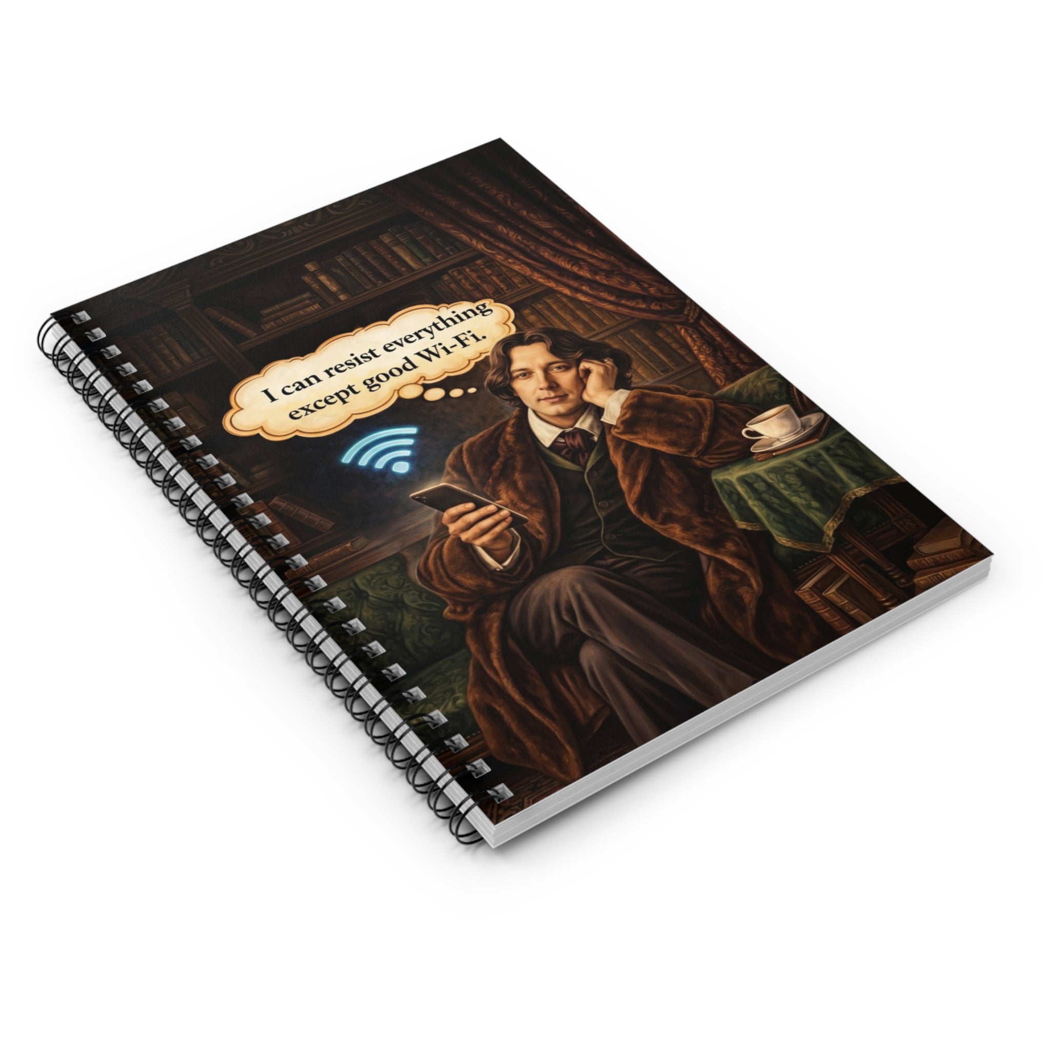 Oscar Wilde Vintage Wit Spiral Notebook — “I Can Resist Everything Except Good Wi‑Fi” Ruled Journal