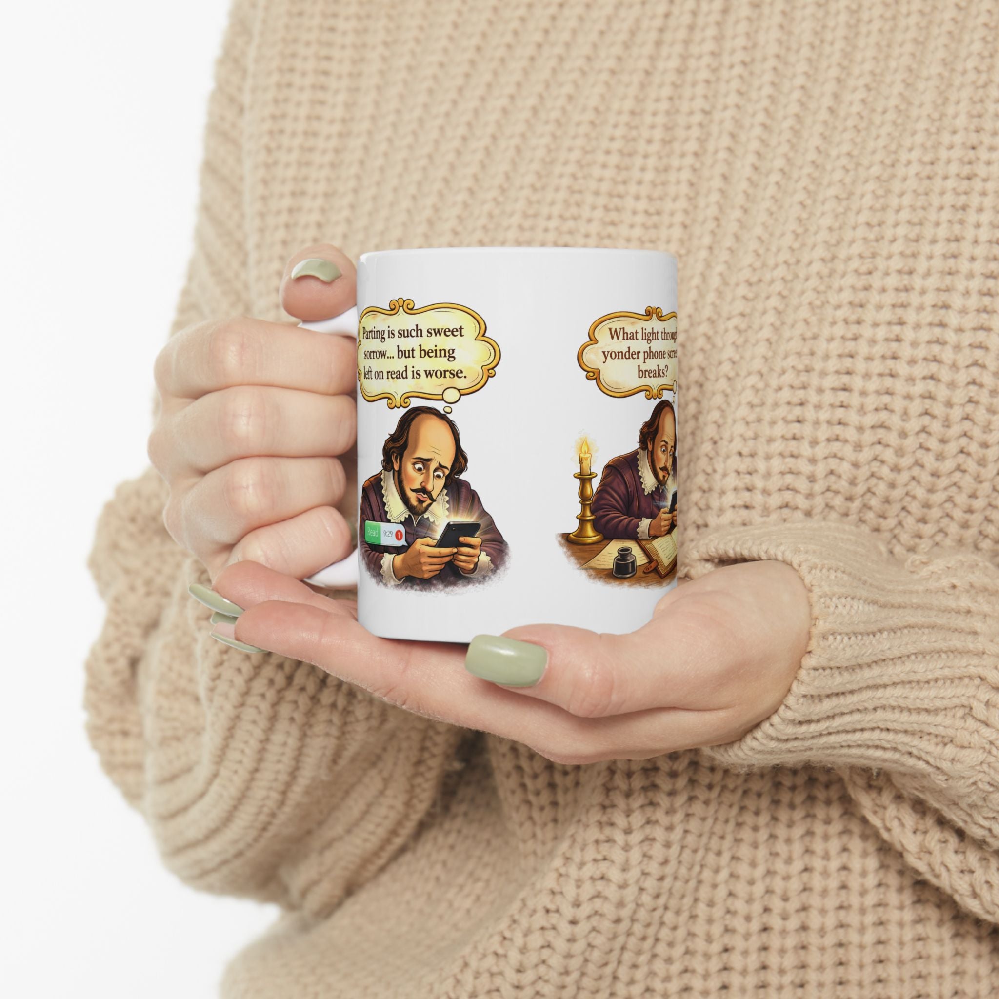 Funny Shakespeare Mug — “Parting is such sweet sorrow… but being left on read is worse” Ceramic Coffee Cup