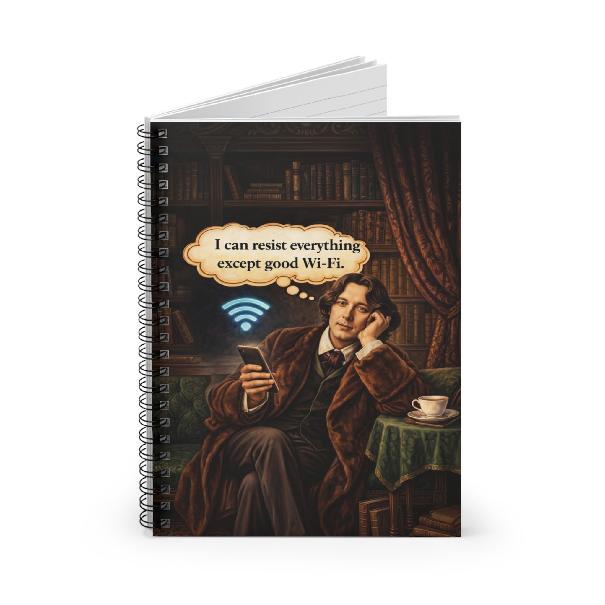 Oscar Wilde Vintage Wit Spiral Notebook — “I Can Resist Everything Except Good Wi‑Fi” Ruled Journal